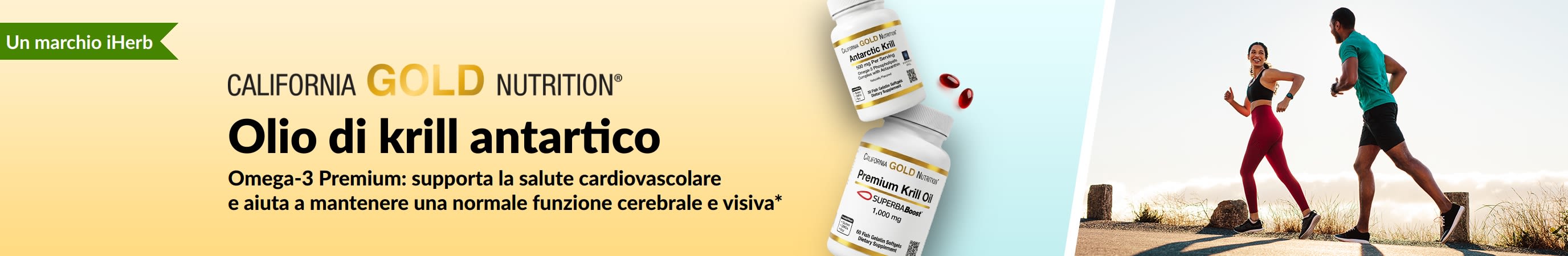 Banner sull'olio di krill antartico California Gold Nutrition che promuove un supporto di omega-3 premium per la salute del cuore, del cervello e degli occhi.