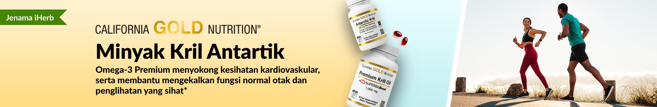 Sepanduk mempromosi Minyak Kril Antartik California Gold Nutrition premium sokongan omega-3 untuk jantung, otak, dan kesihatan mata.
