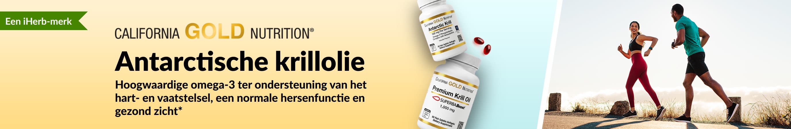 Banner van California Gold Nutrition met Antarctische krillolie die hoogwaardige omega-3-vetzuren promoot ter ondersteuning van de gezondheid van hart, hersenen en ogen.