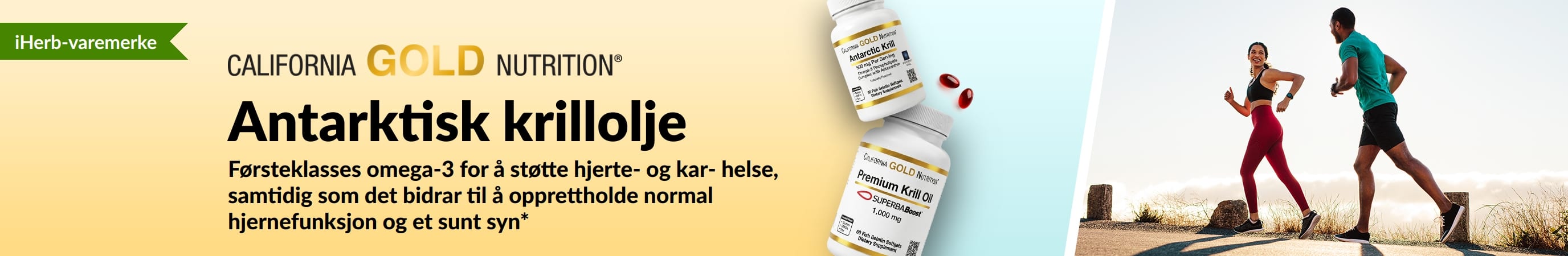 California Gold Nutrition Antarctic Krill Oil-banner som promoterer førsteklasses omega-3-støtte for hjerte-, hjerne- og øyehelse.