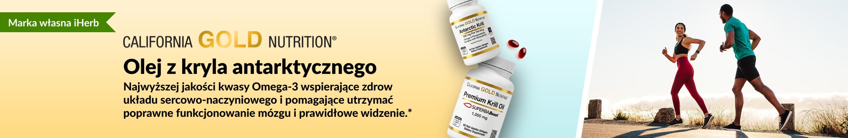 Baner oleju z kryla antarktycznego California Gold Nutrition promujący najwyższej jakości wsparcie omega-3 dla zdrowia serca, mózgu i oczu.