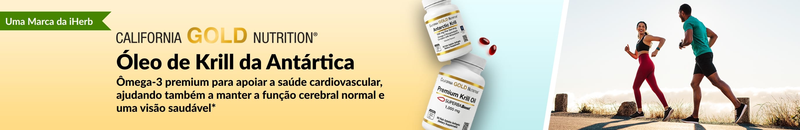 Banner da California Gold Nutrition Antarctic Krill Oil promovendo suporte premium de ômega-3 para a saúde do coração, cérebro e olhos.