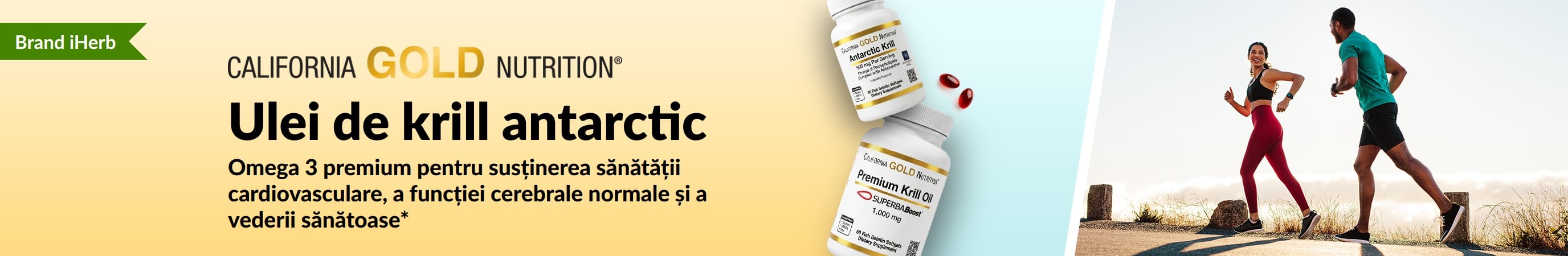 Banner cu ulei de krill antarctic California Gold Nutrition ce promovează omega 3 premium pentru inimă, creier și ochi.