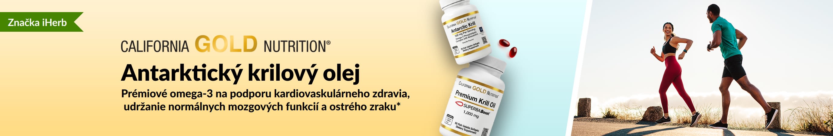 Baner pre antarktický krilový olej od California Gold Nutrition propagujúci prémiové omega-3 pre srdce, mozog a zrak.