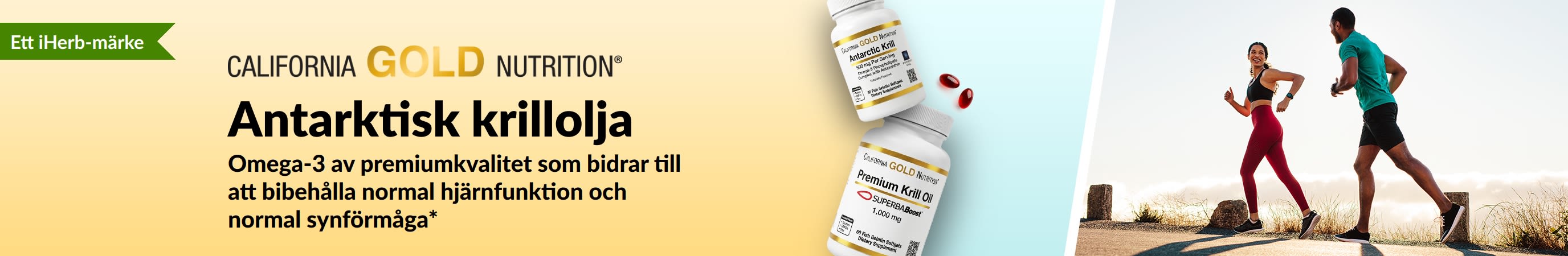 Banner för California Gold Nutrition Antarktisk krillolja som marknadsför omega-3 av hög kvalitet för hjärtat, hjärnan och ögonhälsan.