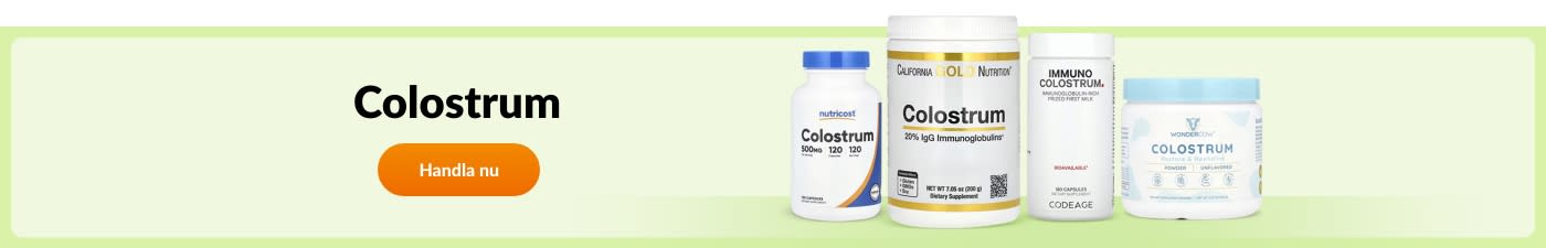 Köp råmjölks- (colostrum)tillskott från märken som Nutricost, California Gold Nutrition, Codeage, Wondercow med flera.