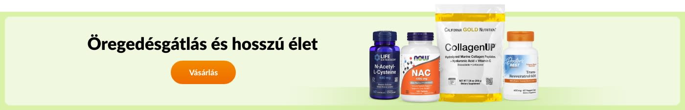 Öregedésgátló táplálékkiegészítők olyan márkáktól, mint a Life Extension, a NOW, California Gold Nutrition, a Doctor’s Best, stb.