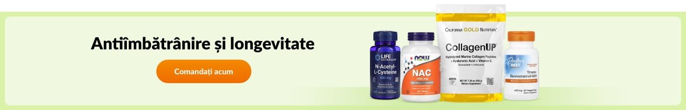 Comandați suplimente antiîmbătrânire de la mărci ca Life Extension, NOW, California Gold Nutrition, Doctor’s Best etc.