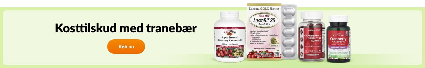 Køb kosttilskud med tranebær fra mærker som California Gold Nutrition, Natural Factors, Vitamatic, 21st Century og flere.