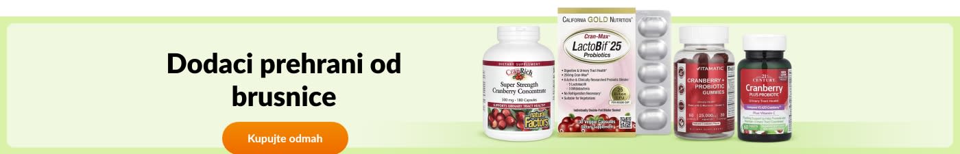 Kupujte dodatke prehrani od brusnica brendova kao što su California Gold Nutrition, Natural Factors, Vitamatic, 21st Century i drugi.