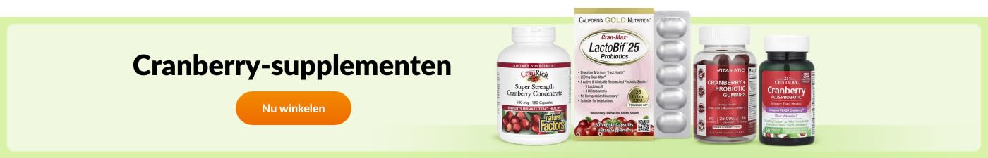 Koop cranberrysupplementen van o.a. California Gold Nutrition, Natural Factors, Vitamatic, en 21st Century.