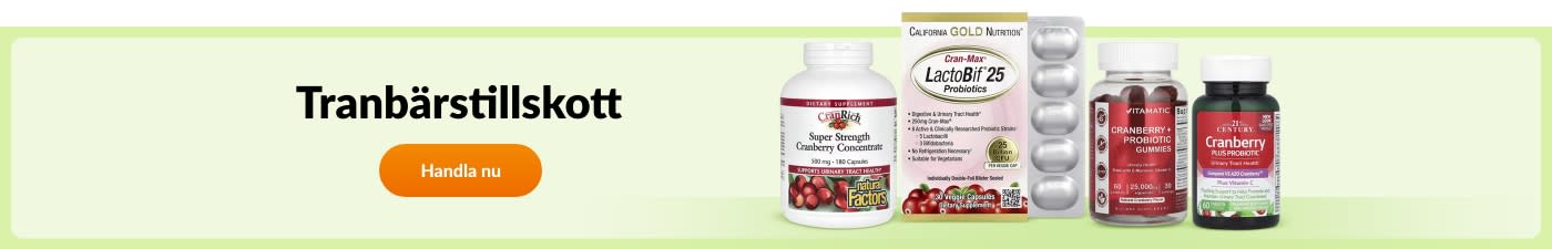 Handla tranbärstillskott från varumärken som California Gold Nutrition, Natural Factors, Vitamatic, 21st Century, med flera.