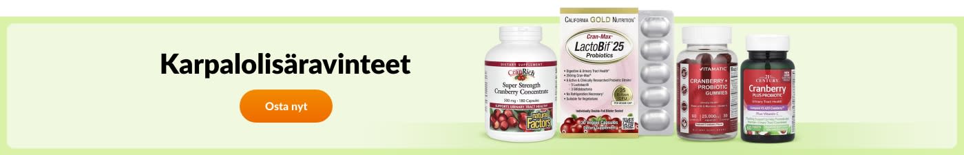 Osta karpalolisäravinteita tuotemerkeiltä California Gold Nutrition, Natural Factors, Vitamatic, 21st Century ja vastaavat.