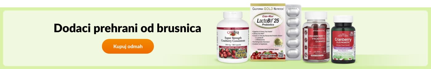 Kupujte dodatke prehrani od brusnica brendova kao što su California Gold Nutrition, Natural Factors, Vitamatic, 21st Century i drugi.