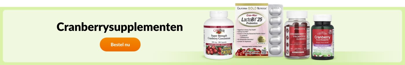 Koop cranberrysupplementen van o.a. California Gold Nutrition, Natural Factors, Vitamatic, en 21st Century.