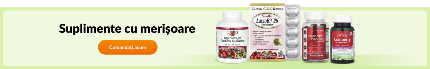 Alegeți suplimente cu merișoare de la mărci ca California Gold Nutrition, Natural Factors, Vitamatic, 21st Century etc.