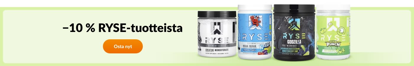Osta RYSE-lisäravinteita 10 %:n alennuksella – kreatiini, pre-workout, energialisät ja monia muita.