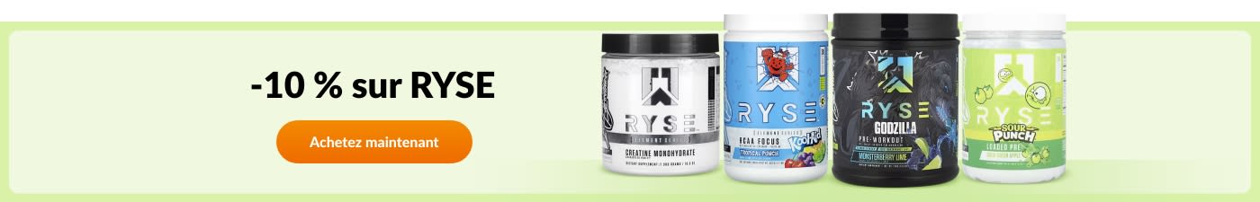 Achetez les compléments alimentaires RYSE avec 10 % de réduction : créatine, pré-entraînement, énergie et plus encore.