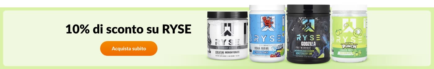 Acquista gli integratori RYSE con uno sconto del 10%: creatina, pre-allenamento, energia e altro ancora.