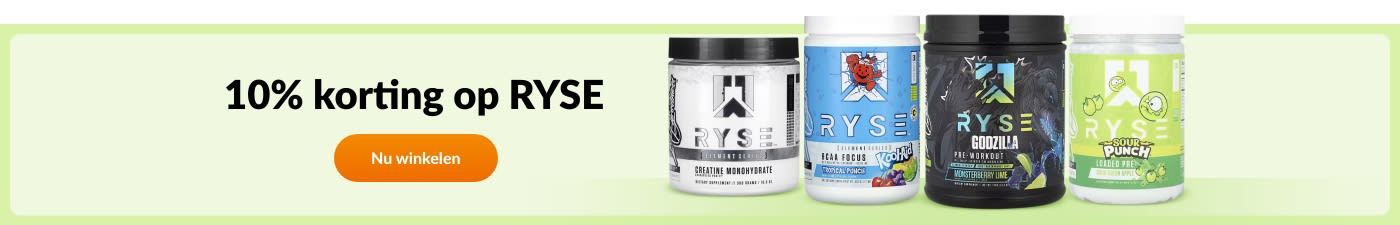 Koop RYSE-supplementen met 10% korting – creatine, pre-workout, energie en meer.