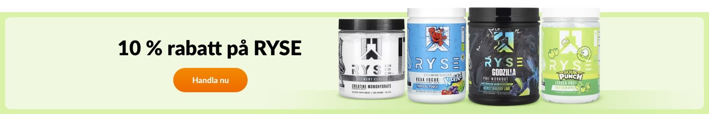 Handla RYSE-tillskott med 10 % rabatt – kreatin, pre-workout, energi och mer.