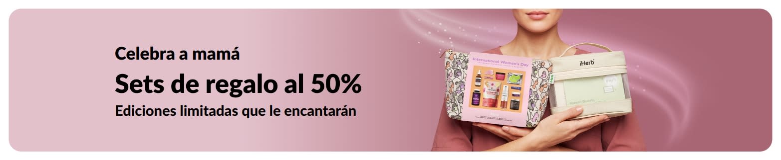 Banner con el texto “Celebra a mamá” con sets de regalo al 50 %.