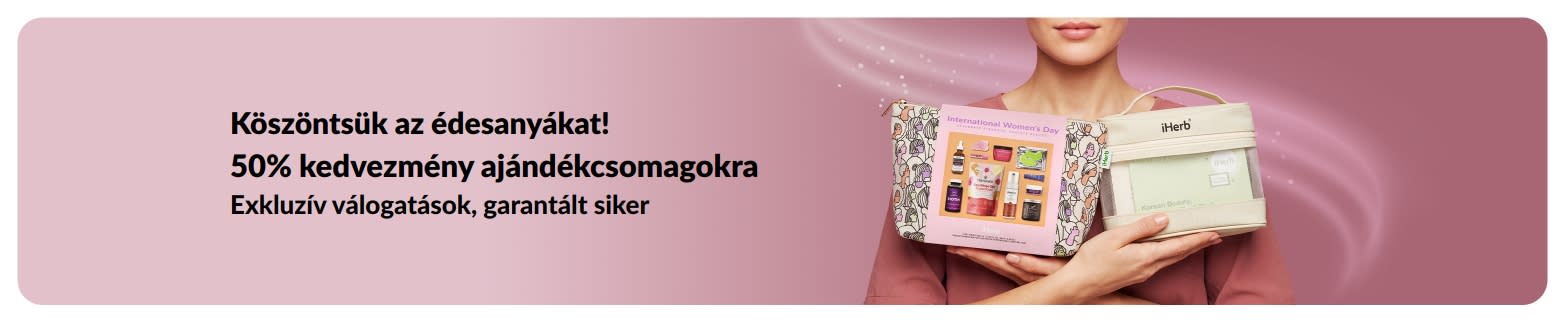 Celebrate Mom sale banner with 50% off gift sets, featuring a woman holding iHerb beauty and skincare gift bag.