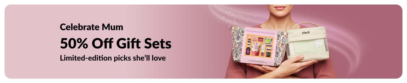 Celebrate Mum sale banner with 50% off gift sets, featuring a woman holding iHerb beauty and skincare gift bags.