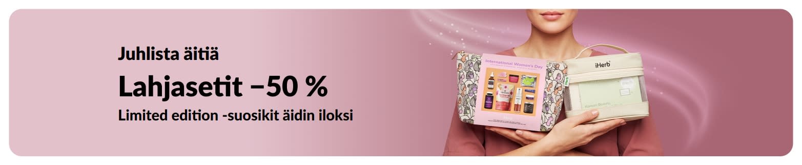 Juhlista äitiä -banneri, joka tarjoaa −50 % lahjaseteistä. Kuvassa nainen, jolla käsissään iHerbin kauneus- ja ihonhoitolahjasetit.