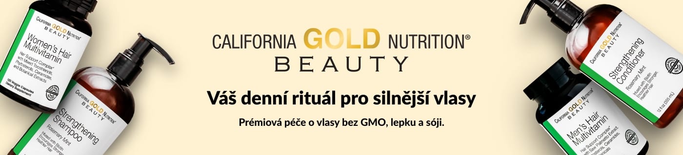 Banner California Gold Nutrition Beauty propagující vitamíny na vlasy a posilující šampon pro silnější vlasy.