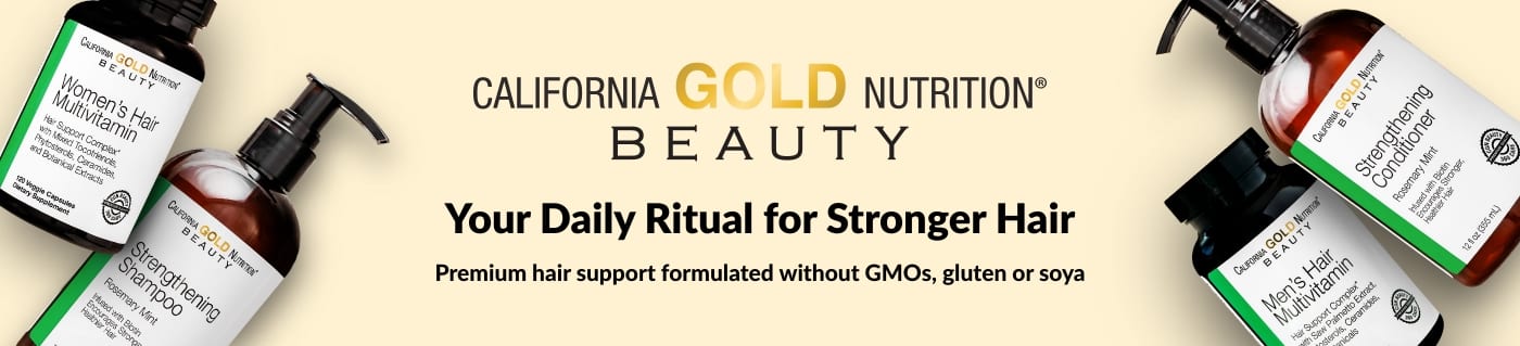 California Gold Nutrition Beauty banner promoting hair vitamins and strengthening shampoo for stronger hair.