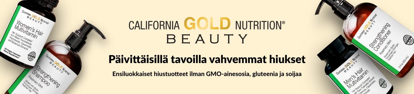 California Gold Nutrition Beauty -banneri mainostaa hiusvitamiineja ja vahvistavaa shampoota, joilla vahvistat hiuksia.