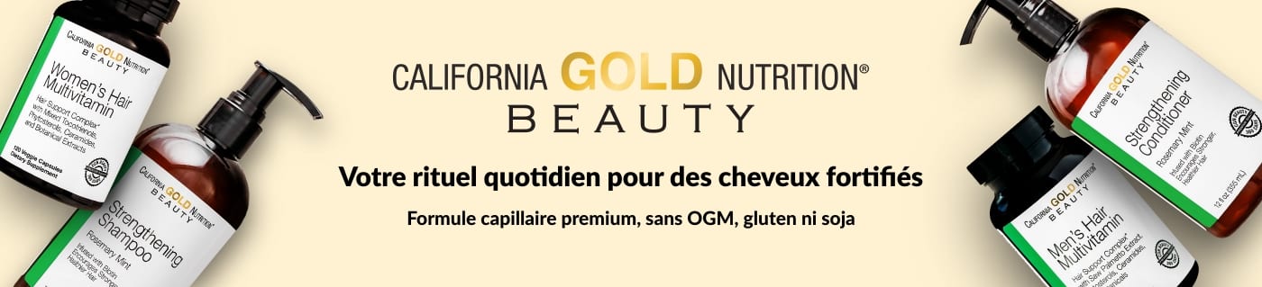Bannière California Gold Nutrition Beauty avec vitamines capillaires et shampooing fortifiant pour des cheveux plus forts.