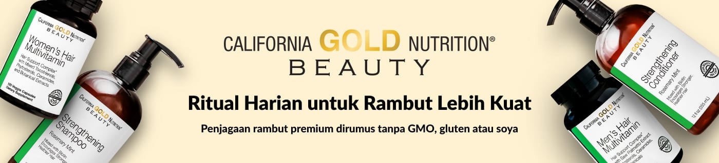 Sepanduk California Gold Nutrition Beauty mempromosikan vitamin rambut dan syampu penguat rambut untuk rambut lebih kuat.