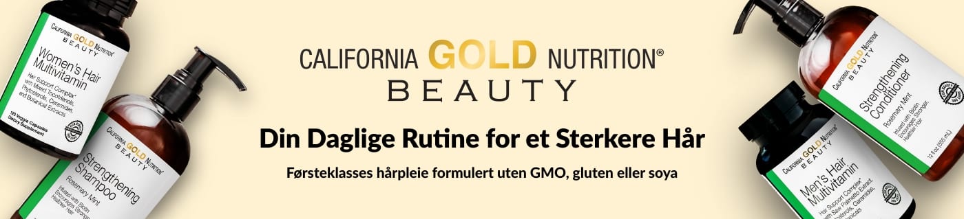 California Gold Nutrition Beauty-banner som markedsfører hårvitaminer og styrkende sjampo for sterkere hår.