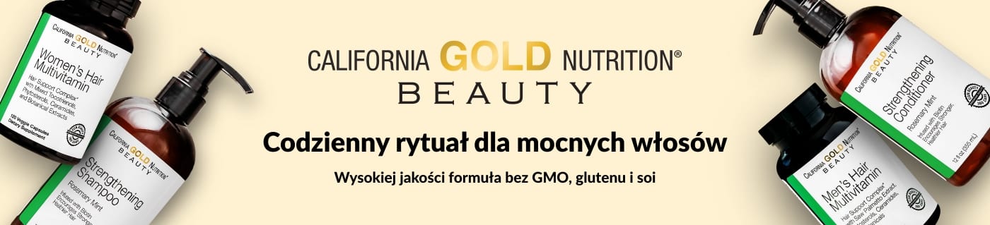 Banner California Gold Nutrition Beauty promujący witaminy na włosy oraz szampon wzmacniający dla mocniejszych włosów.