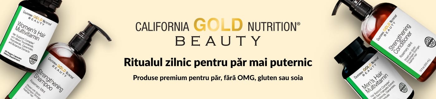 Banner California Gold Nutrition Beauty cu vitamine pentru păr și șampon întăritor pentru un păr mai puternic.