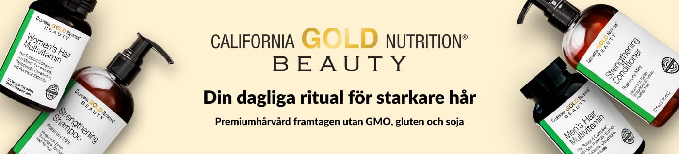 California Gold Nutrition Beauty-banner som marknadsför hårvitaminer och stärkande schampo för starkare hår.