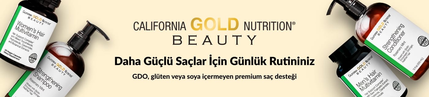 Daha güçlü saçlar için saç vitaminlerini ve güçlendirici şampuanı tanıtan California Gold Nutrition Beauty banner'ı.