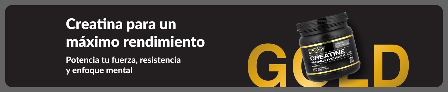Banner promocional de creatina: El texto principal destaca 'Creatina para un máximo rendimiento' y el subtítulo menciona los beneficios de potencia en fuerza, resistencia y enfoque mental. Se muestra un envase de suplemento de monohidrato de creatina sobre un fondo dinámico.