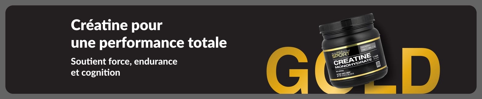 Bannière promotionnelle mettant en avant la créatine pour une performance globale, avec un complément de créatine monohydrate et un message axé sur le soutien de la force et de l’endurance.