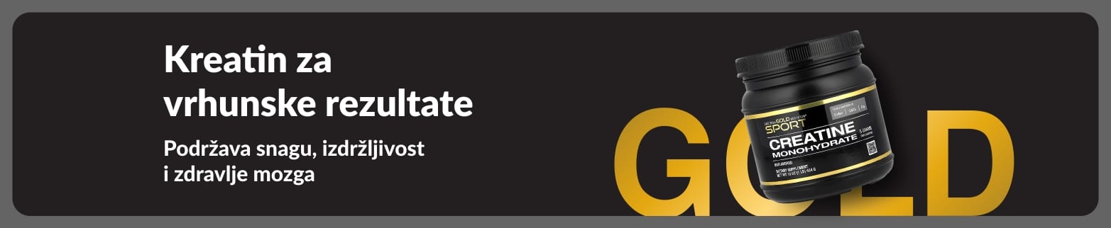 Reklamni natpis koji promovira kreatin za vrhunske rezultate, s naglaskom na prehrambeni dodatak kreatin monohidrat i porukom o podršci snazi i izdržljivosti.