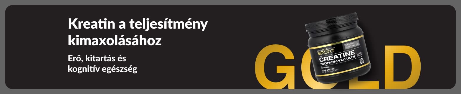 A teljesítmény fokozására szolgáló kreatint népszerűsítő banner, amely kreatin-monohidrát étrend-kiegészítőt, valamint az erő és állóképesség támogatására vonatkozó üzenetet tartalmaz.
