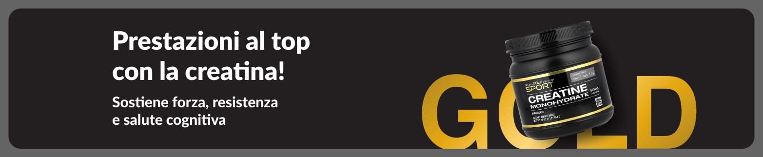 Banner che promuove la creatina per l'aumento delle prestazioni. L'immagine mostra un integratore di creatina monoidrato e un messaggio sul sostegno per la forza e la resistenza.