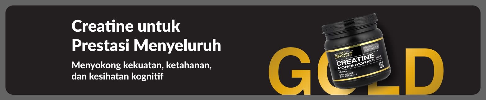 Sepanduk Produk creatine untuk prestasi menyeluruh, dengan suplemen creatine monohydrate dan mesej sokongan kekuatan dan ketahanan.