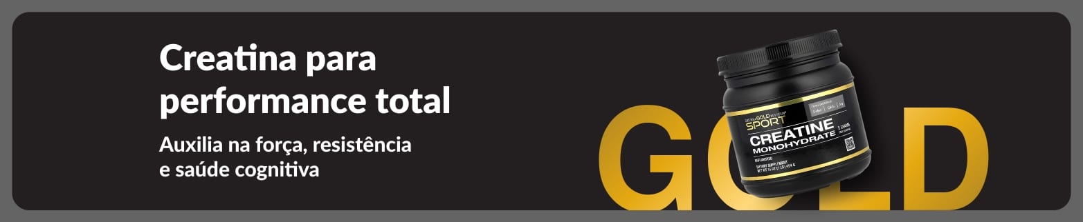 Banner de creatina para performance total, com creatina monohidratada e foco em força e resistência.