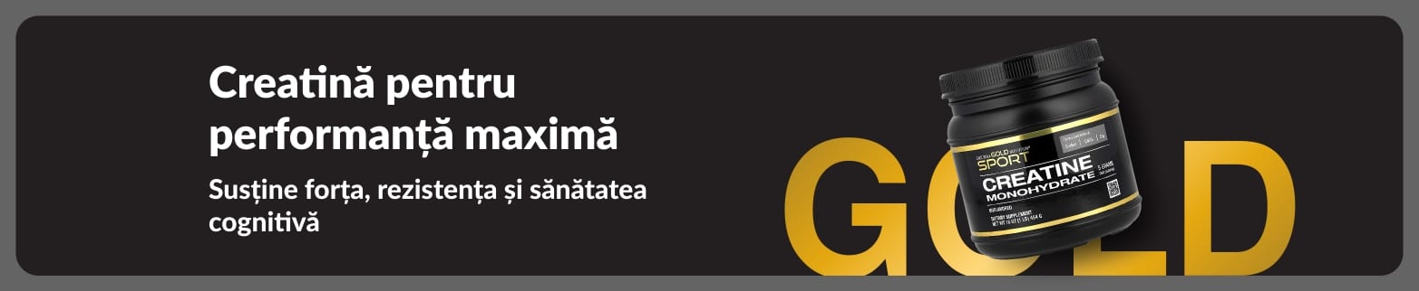 Banner cu creatină pentru performanță sportivă, cu creatină monohidrat și mesaj despre susținerea forței și rezistenței.