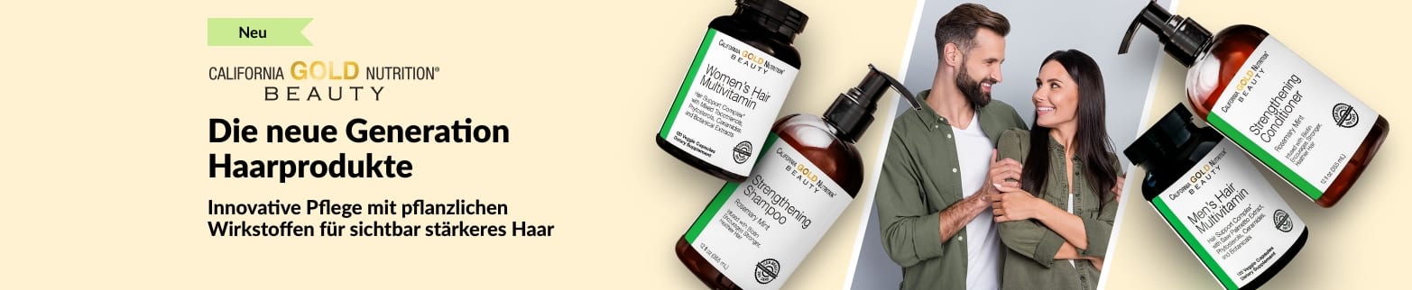 California Gold Nutrition Beauty Haarpflegeserie mit Vitaminen, Shampoo und Spülung für gesunde Kopfhaut und Haare.