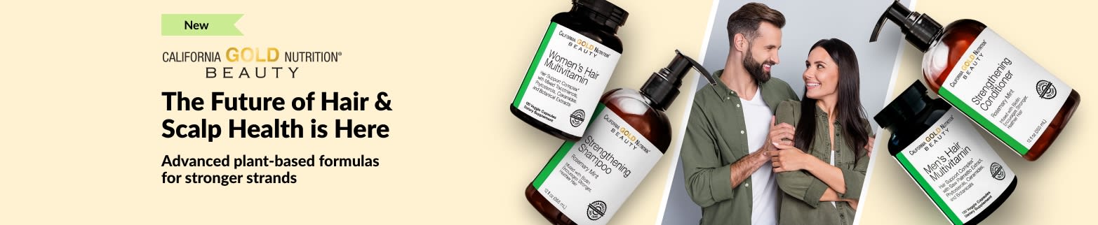 California Gold Nutrition Beauty hair care line with vitamins, shampoo, and conditioner promoting scalp and strand health.