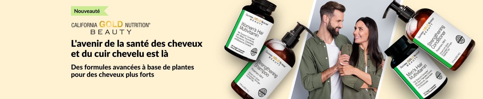 California Gold Nutrition Beauty : ligne de soins des cheveux avec vitamines, shampoing et après-shampoing favorisant la santé du cuir chevelu et des cheveux.